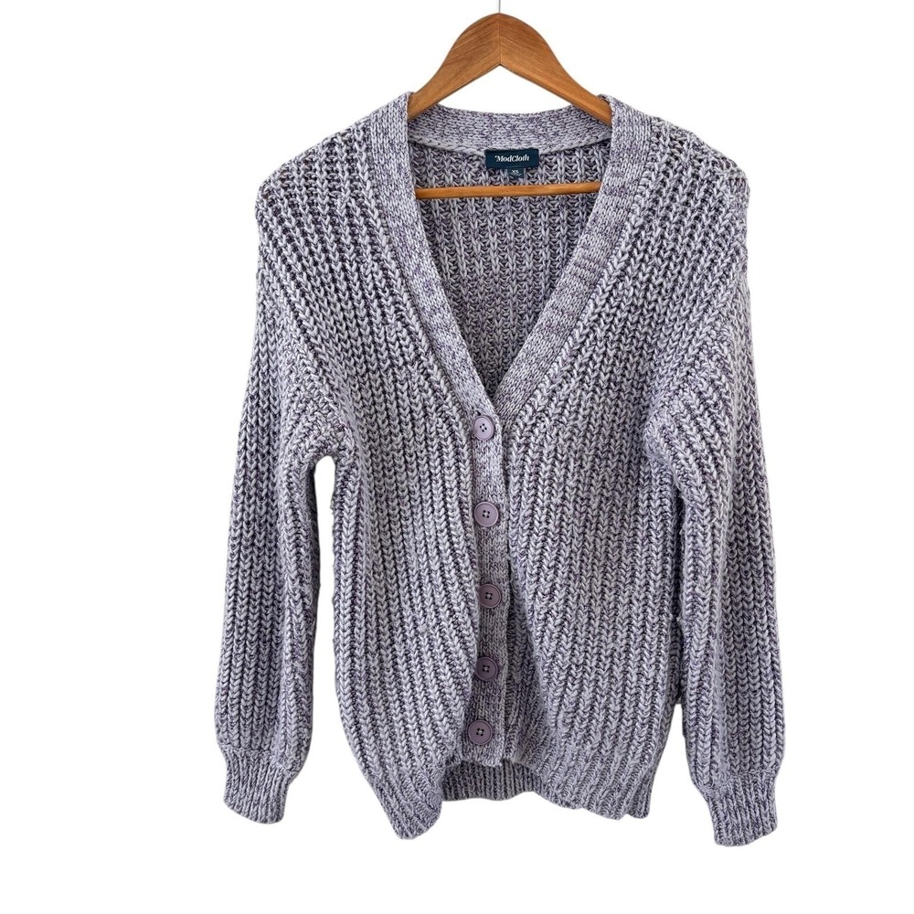 ModCloth Chunky Knit Cardigan Sweater Womens XS Purple Metallic Glitter Easter